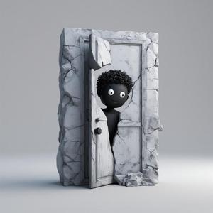 Modern Book Nook 3D Print – Boy Peeking from Broken Door, Miniature Diorama Scene for Bookshelf Display
