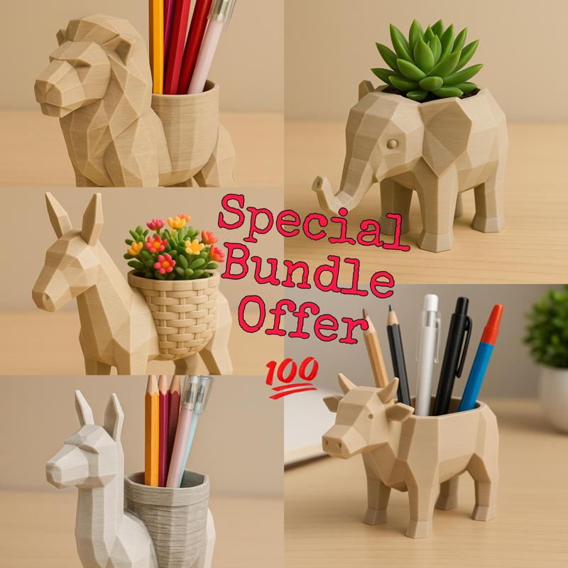 🔥 Now 40% OFF! –  5-in-1 Low-Poly Animal Pen Holders & Planters | Cute 3D Printed Desk & Home Decor Set