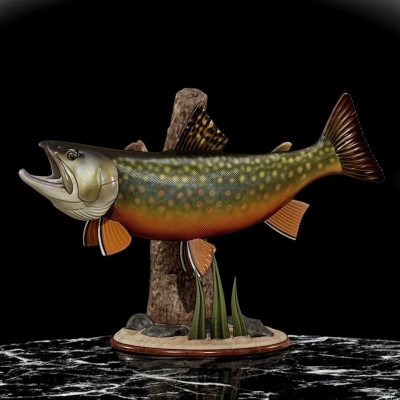 fish brook trout / Salvelinus fontinalisin in motion 2 sculpture underwater detailed texture for 3d printing