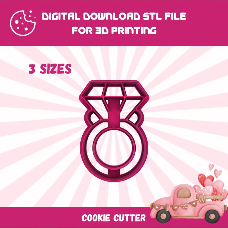 Cutty clay stl engagement ring with diamond cookie cutter, 3 sizes stl file for 3d printing