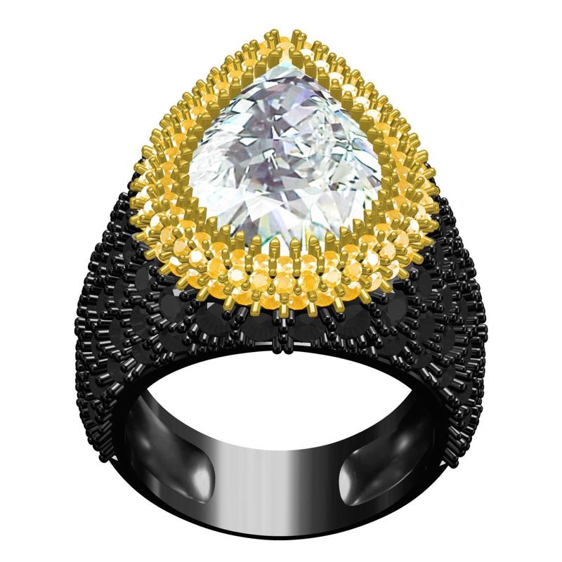 Pear Stone Black Round Diamond Cocktail Ring