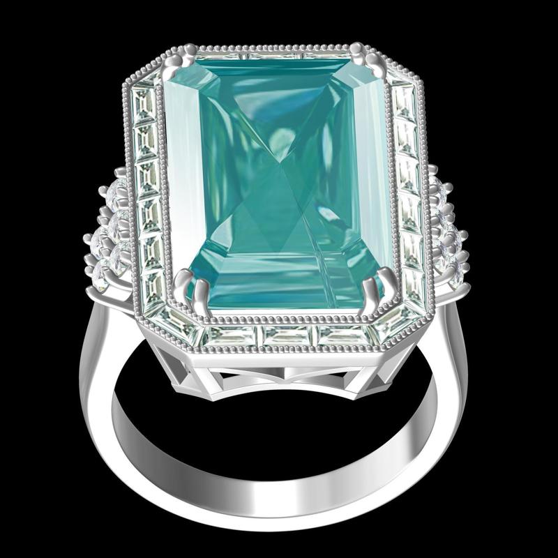 Emerald Stone Baguette Halo Engagement Ring
