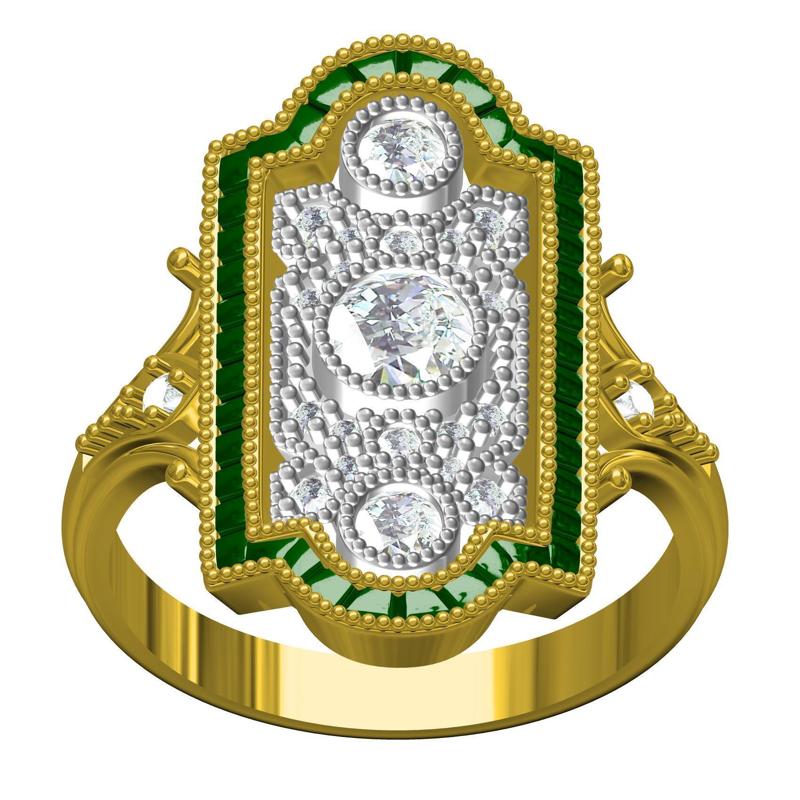 Green Baguette and Three Stone Art Deco Wedding Bride Ring