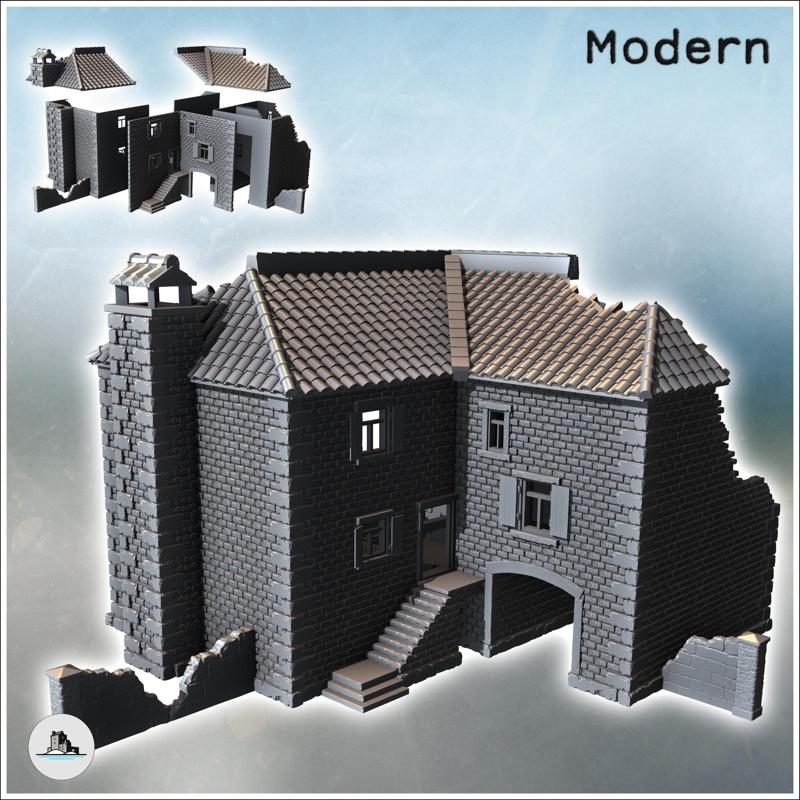Partially destroyed large brick building with passage arch and access stairs (11) - Modern WW2 WW1 World War Diaroma Wargaming RPG Mini Hobby
