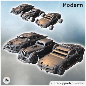 Set of three post-apocalyptic cars with bumper and improvised armor on the body (8) - Future Sci-Fi SF Post apocalyptic Tabletop Scifi 28mm 15mm 20mm Modern