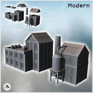 Set of two brick industrial buildings with adjacent tanks and evacuation chimney (10) - Modern WW2 WW1 World War Diaroma Wargaming RPG Mini Hobby