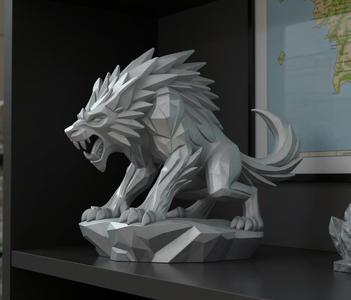 Stormfang Howler – Ferocious Low Poly Wolf Statue