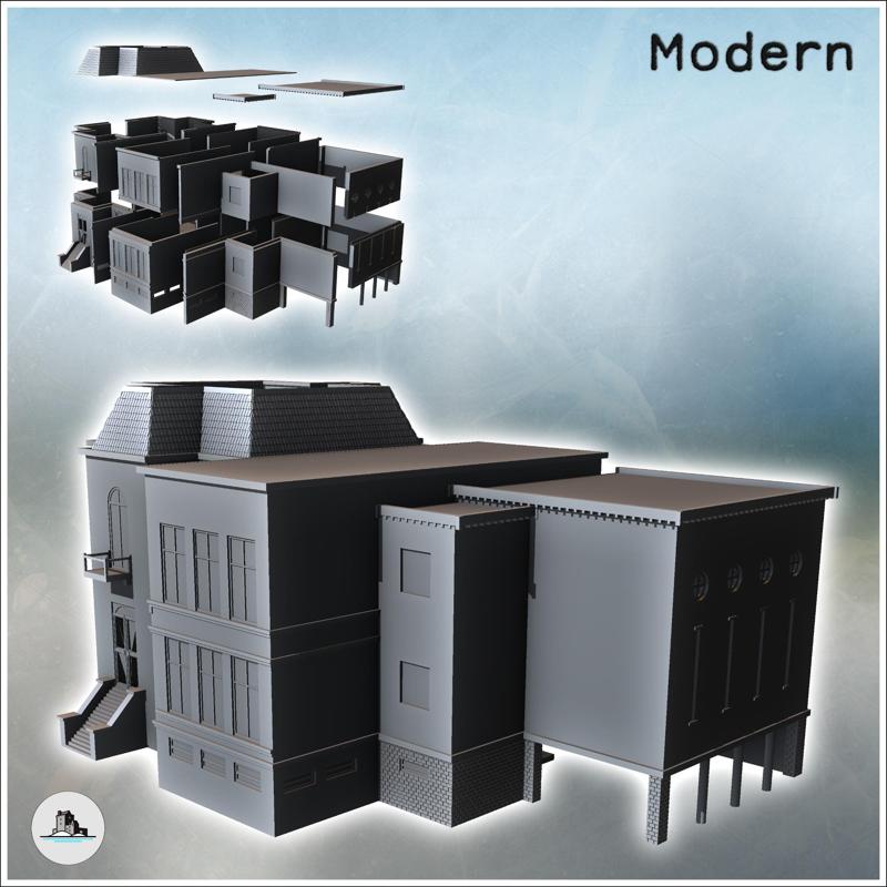 Municipal school with access stairs (Arnhem, The Netherlands) - Modern WW2 WW1 World War Diaroma Wargaming RPG Mini Hobby