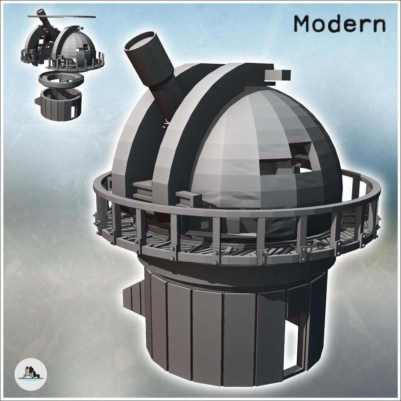 Damaged modern observatory with large telescope and circular balcony (21) - Modern WW2 WW1 World War Diaroma Wargaming RPG Mini Hobby