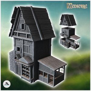 Large medieval building with covered annex and wooden roof (2) - Medieval Gothic Feudal Old Archaic Saga 28mm 15mm RPG