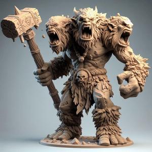 152 Three-Headed Roaring Troll - 3D-Printed Bronze-Style Statue, character, monster, fantasy, art, sculpture, model, animal, 3d model, statue, creature, magic, 3d print, collectible, cat, wood, dragon, sword, base, warrior, wild, dog