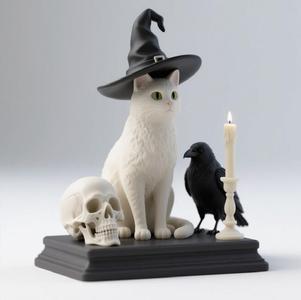 353 Witch White Cat Composition - Skull, Black Raven & Candleholder on Shared Ivory Base, model, animal, 3d model, statue, creature, magic, 3d print, collectible, cat, bear, witch, dinosaur, wooden, dragon, knight, viking