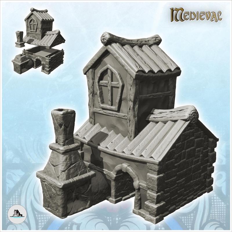 Blacksmith's shop in cut stone with arch in the center (11) - Medieval Feudal Old Archaic Saga 28mm 15mm