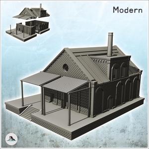Brick industrial storage warehouse on platform with chimney and canopy (24) - Modern WW2 WW1 World War Diaroma Wargaming RPG Mini Hobby