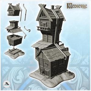 Medieval house with large tower with terrace and pipes (10) - Medieval Gothic Feudal Old Archaic Saga 28mm 15mm