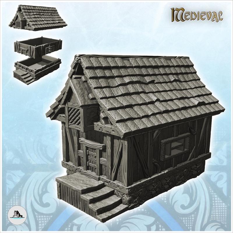 Medieval house with half-timbered walls and access stairs in stone and wood (22) - Medieval Gothic Feudal Old Archaic Saga 28mm 15mm RPG