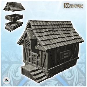 Medieval house with half-timbered walls and access stairs in stone and wood (22) - Medieval Gothic Feudal Old Archaic Saga 28mm 15mm RPG