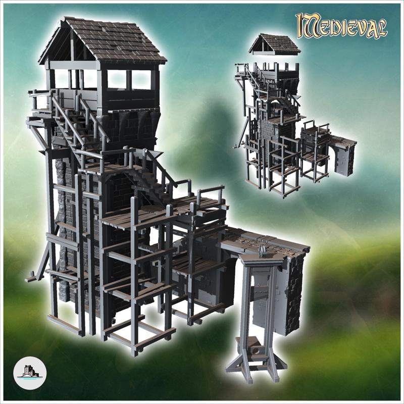 Medieval stone tower and wooden staircase and guillotine (14) - Medieval Gothic Feudal Old Archaic Saga 28mm 15mm RPG
