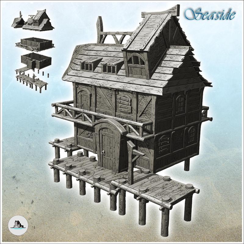 Medieval building on wooden dock with second floor and balcony (12) - Pirate Jungle Island Beach Piracy Caribbean Medieval Skull Renaissance