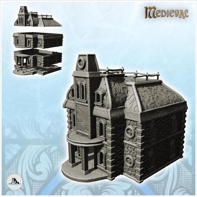 Large two-story stone building with entrance canopy and columns (16) - Medieval Feudal Old Archaic Saga 28mm 15mm