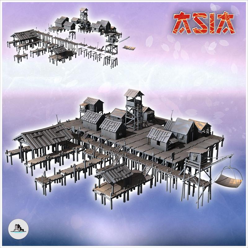 Large Asian riverside village set with wooden houses and tower (10) - Asian Asia Oriental Angkor Ninja Traditionnal RPG Mini