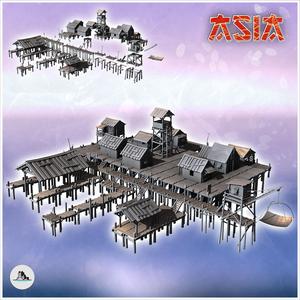 Large Asian riverside village set with wooden houses and tower (10) - Asian Asia Oriental Angkor Ninja Traditionnal RPG Mini