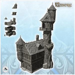 Large medieval stone manor with corner tower, large turret and high-level rooms (20) - Medieval Gothic Feudal Old Archaic Saga 28mm 15mm
