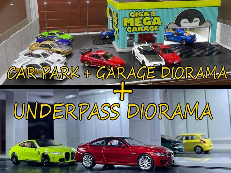 Underpass/Tunnel + Garage with Car Park Diorama (For Hot Wheels & 1/64 Scale Cars)