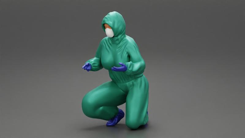 woman wearing antivirus suit sitting and carrying