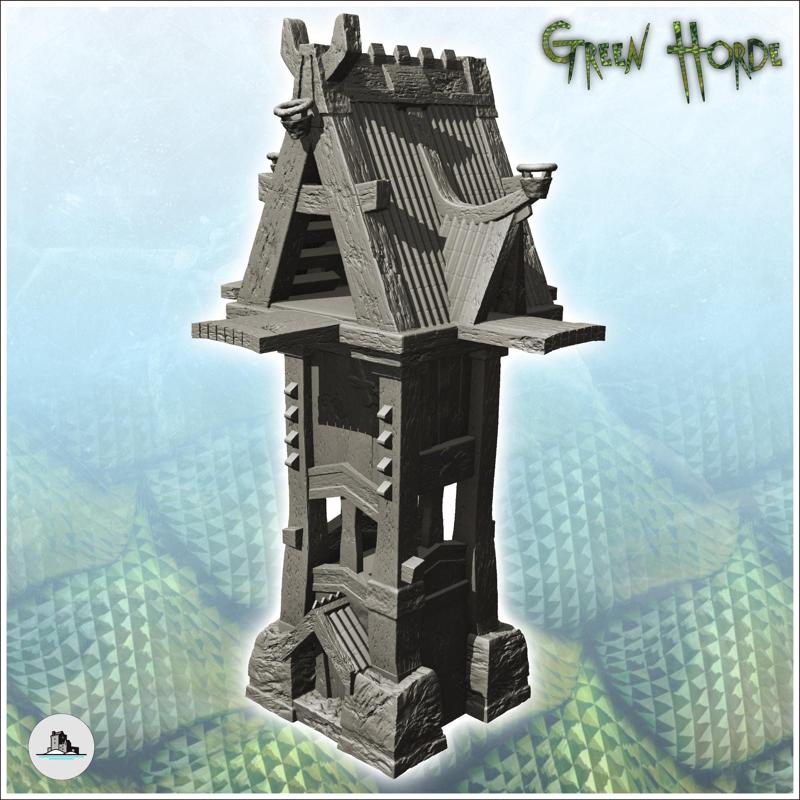 Wooden and stone chaos tower with large open platform (11) - Ork Green Horde Fantasy Beast Chaos Demon Ogre