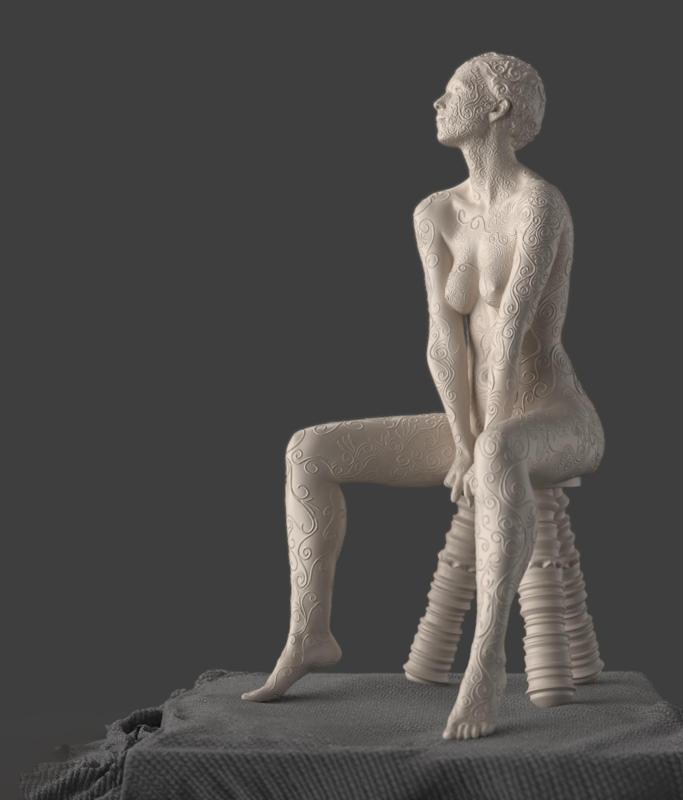 Decorative Filigree Sculpture of a Woman Sitting On a Stool