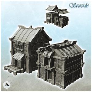 Set of two medieval wooden buildings with stone platform (8) - Pirate Jungle Island Beach Piracy Caribbean Medieval Skull Renaissance