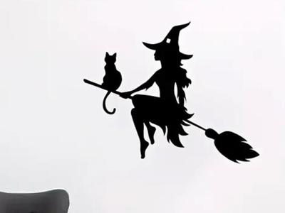 Gothic Witch and Cat Halloween Decorations 2d wall