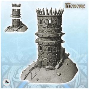 Stone tower bristling with logs with door and torchlight access path (12) - DnD Wargaming Medieval War of the Rose Saga