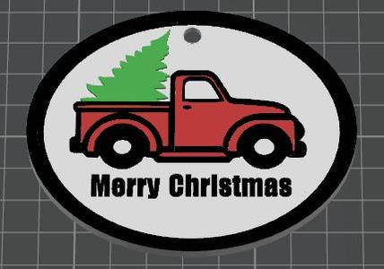 Red Truck Hauling a Christmas Tree Ornament