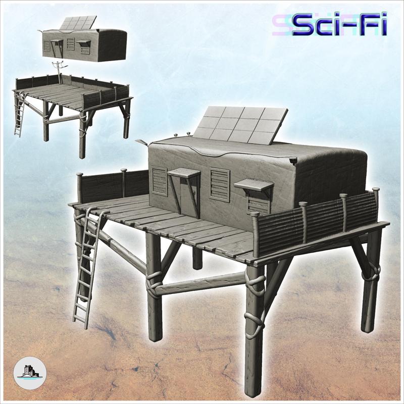 Post-apocalyptic house on stilts with solar panels and access ladder (1) - Future Sci-Fi SF Post apocalyptic Tabletop Scifi 28mm 15mm 20mm Modern
