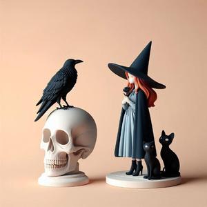 723 Red-Haired Witch with Cats and Raven - Full-Color 3D Model, magic, creature, sculpture, fantasy, wood, base, sword, warrior, wild, dragon, dnd, cat, monster, dog, godzilla, fair, totem, witch, werewolf