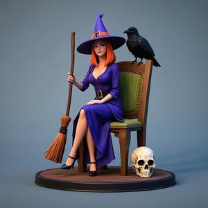 1326 Elegant Witch with Broom, Raven and Skull - Colorful Full-Body Figurine, magic, creature, fantasy, wood, gnome, gorgon, warrior, wild, fox, monster, cat, dog, fair, witch, werewolf, horror, beast, gothic, troll
