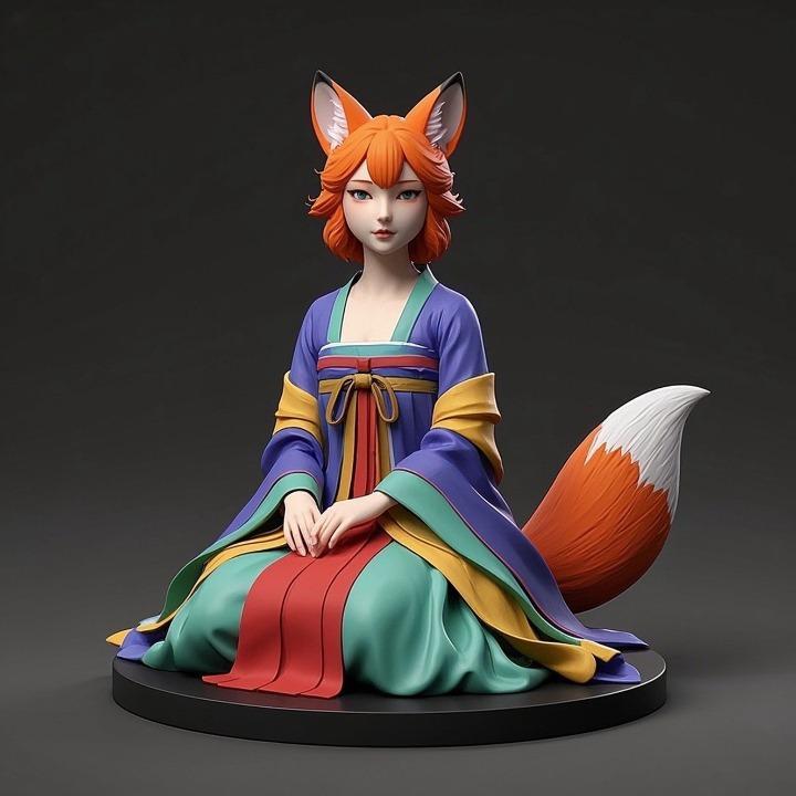 1351 COLORFUL Fox Spirit Woman in Pu Song Ling Style, beast, magic, creature, fantasy, wood, base, sword, warrior, wild, cat, monster, fox, godzilla, fair, witch, werewolf, horror, beast, gothic, troll