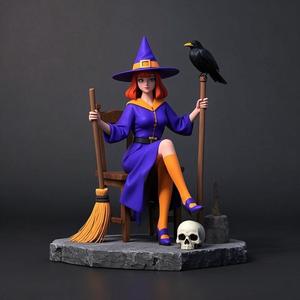 1356 Elegant Witch with Broom, Raven and Skull - Colorful Full-Body Figurine, magic, creature, fantasy, wood, gnome, gorgon, warrior, wild, fox, monster, cat, dog, fair, witch, werewolf, horror, beast, gothic, troll