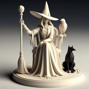 503 Ivory Witch on Chair with Monster - 3D Figurine, magic, dragon, serpent, mask, gnome, gorgon, venetian carnival, wild, fox, monster, cat, fair, witch, werewolf, horror, beast, snake, troll, skeleton dance