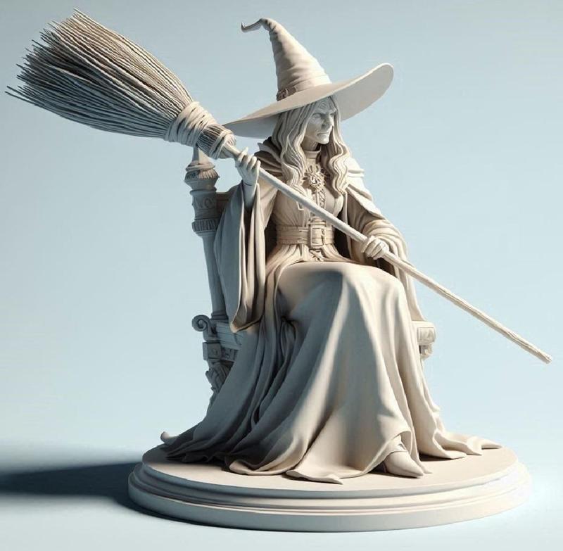 031 Ivory Witch on Chair with a broom - 3D Figurine, collectible, creature, dinosaur, sculpture, monkey, witch, serpent, fantasy, art, wooden, dragon, dnd, cat, monster hunter, dog, totem