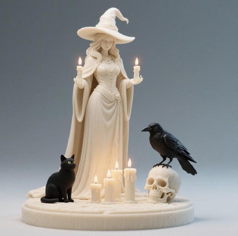 348 Elegant Witch with Candles, Black Raven, and Black Cat - Full-Body Figurine, statue, 3d print, magic, collectible, creature, dinosaur, sculpture, bear, monkey, witch, werewolf, serpent, cat, fantasy, fairy, art, dragon