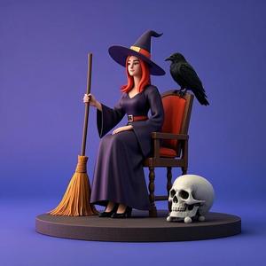 1583 Elegant Witch with Broom, Raven and Skull - Colorful Full-Body Figurine, magic, creature, fantasy, wood, gnome, gorgon, warrior, wild, fox, monster, cat, dog, fair, witch, werewolf, horror, beast, gothic, troll