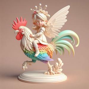 893 Fairy Rider - 3D-Printed Ivory-Style Statue of Fairy on Rooster, magic, witch, werewolf, fantasy, wood, base, sword, warrior, wild, dnd, cat, monster, dog, godzilla, fair, lion, fox, faun, pomeranian, beast