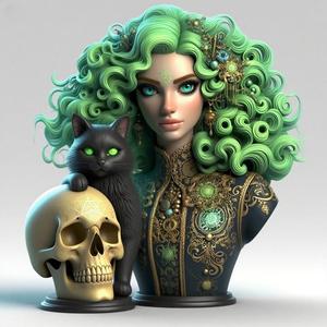 1901 Green-Haired Witch Bust with Cat and Skull, magic, dragon, serpent, mask, gnome, gorgon, venetian carnival, wild, fox, monster, cat, fair, witch, werewolf, horror, beast, snake, troll, skeleton dance
