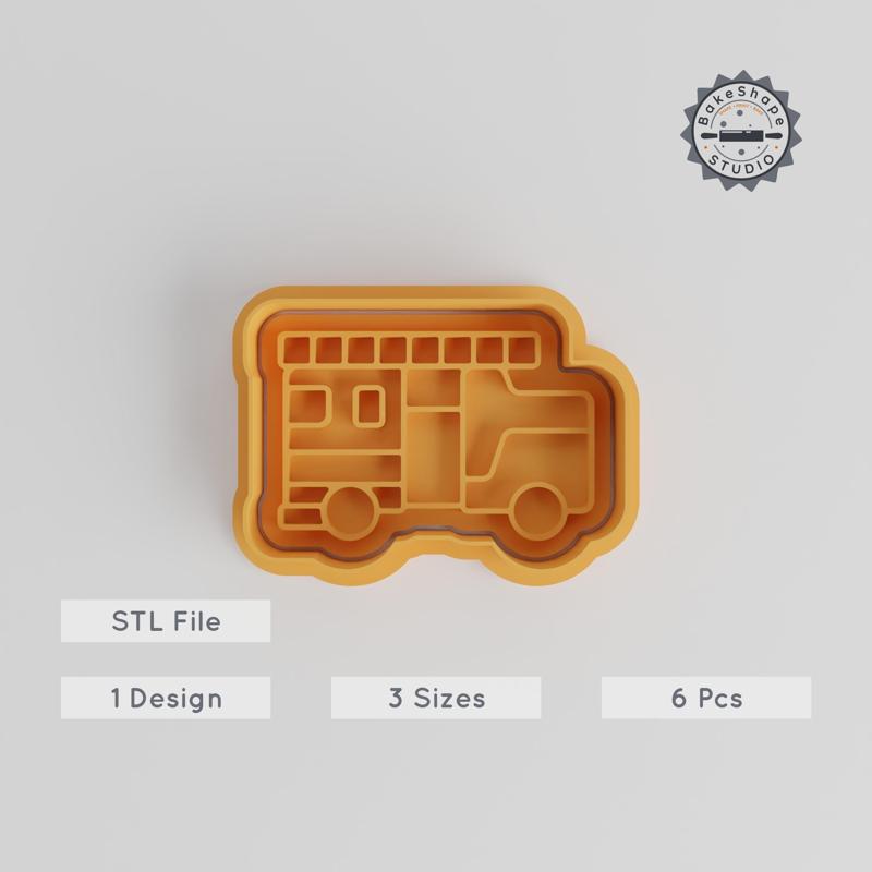 Fire Truck Shape Cutter & Stamp, Rescue Vehicle Cookie Tools, 3 Sizes, 6 Piece Set