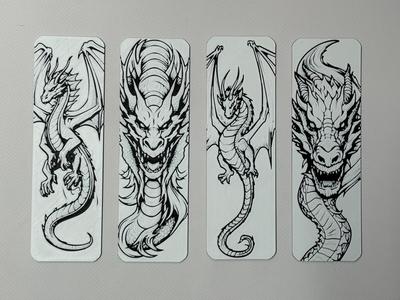 set 4 black and white dragon bookmarks