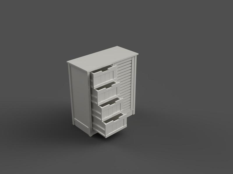 Miniature Bathroom Storage Cabinet STL – 1:12 Scale 4-Drawer Furniture for Dollhouse Scenes – Digital File for 3D Printing, License