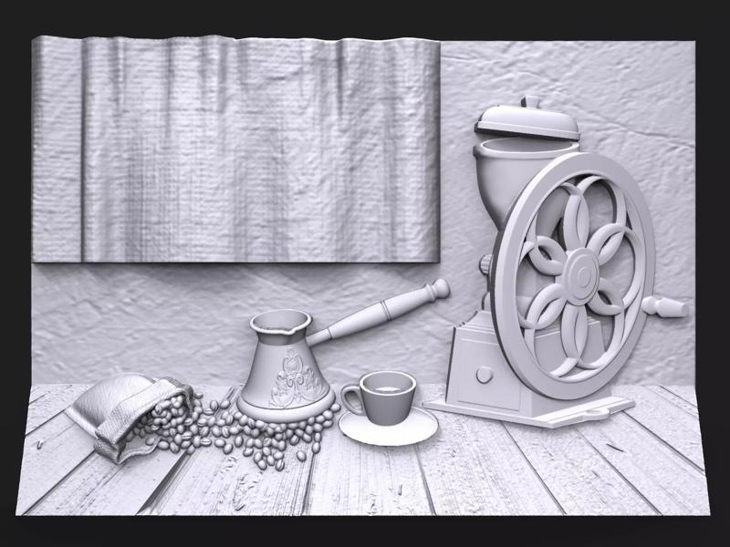 Still life with coffee bas relief for CNC